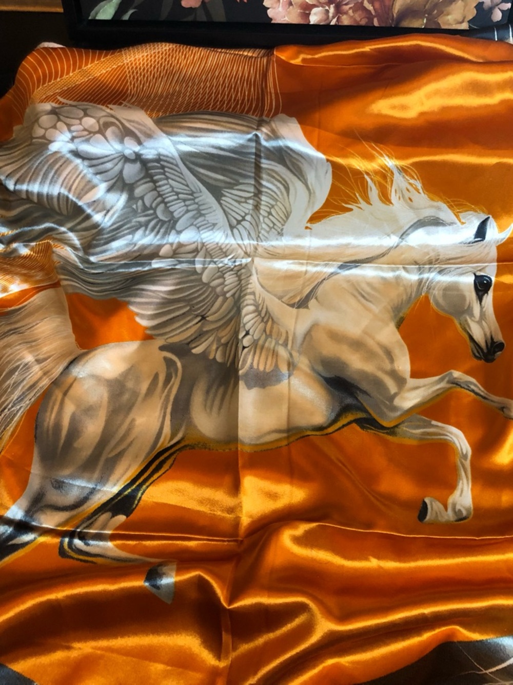 Silky Pegasus Print Scarf - Orange and White
